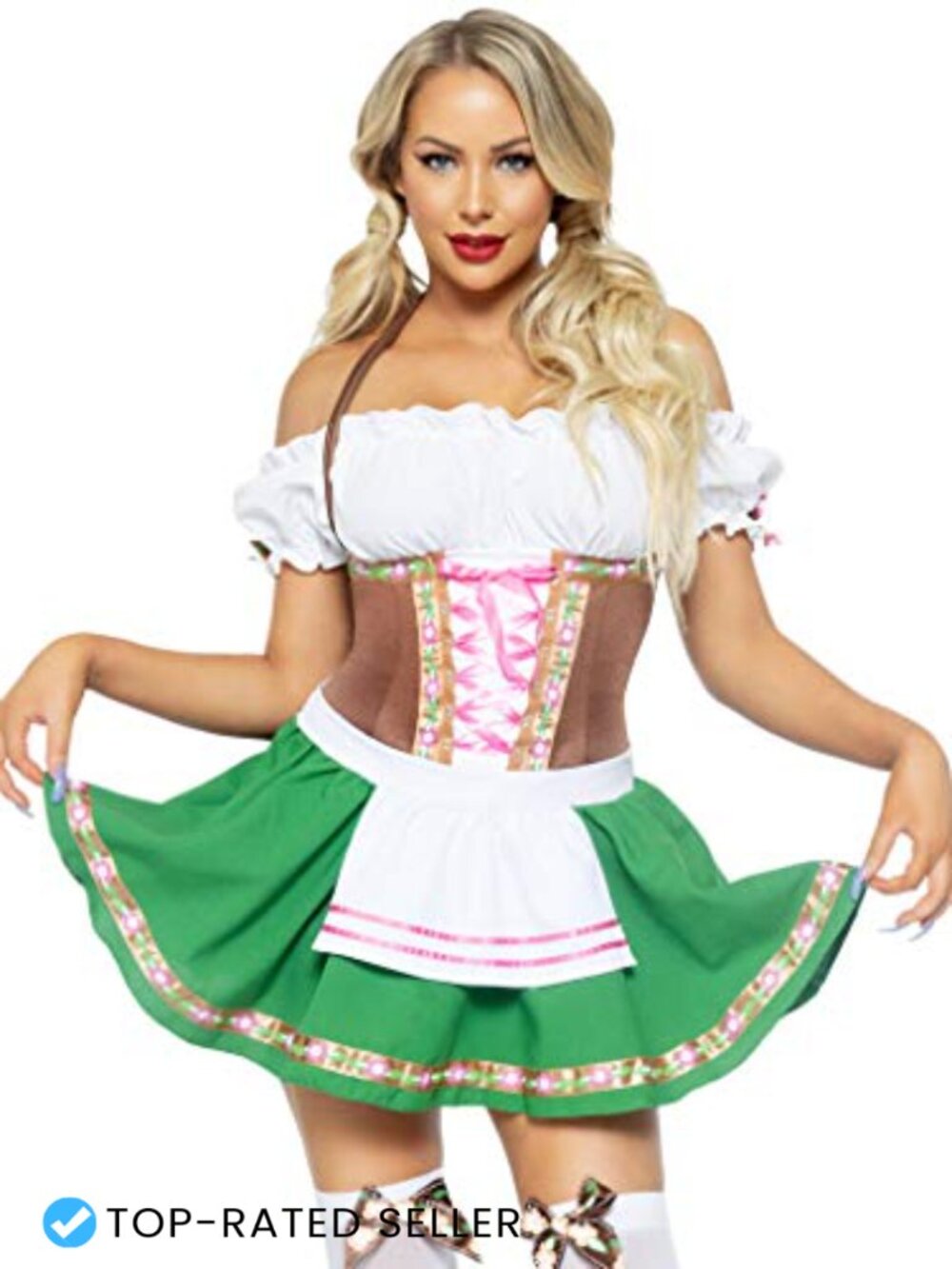 Dirndl Dress Oktoberfest Costume with Stockings Peasant Top Satin Ribbon Trim